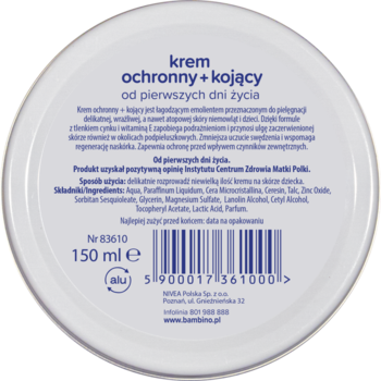 Tył okrągłego opakowania kremu Bambino ochronnego i kojącego 150 ml, z niebieskim tekstem i kodem kreskowym.