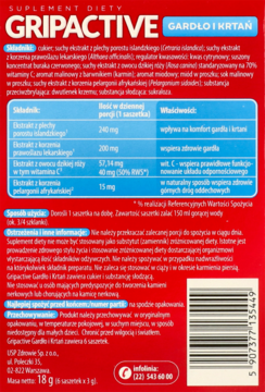 Tył czerwonego opakowania suplementu Gripactive Gardło i Krtań, z widocznymi składnikami i dawkowaniem.