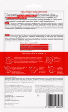 Tył opakowania: Rękawiczki regenerujące, peeling kwasowy i maseczka. Biało-czerwone z instrukcją użycia.