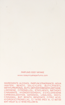 Tył opakowania perfum Issey Miyake, z listą składników i adresem strony www, czerwony tekst na białym tle.