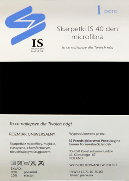 Białe opakowanie skarpetek IS 40 den z mikrofibry, miękkich i elastycznych, z niebieskim logo IS.