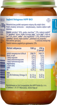 Tył słoiczka HiPP BIO Spaghetti Bolognese dla dzieci, z pełną etykietą, składem i tabelą wartości odżywczych.