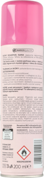 Suchy szampon Isana w różowo-białej puszce, widok z tyłu, z polskimi instrukcjami i ostrzeżeniem łatwopalności.