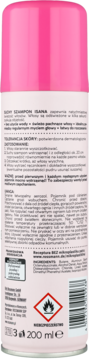 Tył suchego szamponu Isana w biało-różowej puszce z polskim tekstem i symbolem łatwopalności.