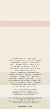 Tył kremowego opakowania Burberry Touch wody perfumowanej z różowym paskiem, lista składników i dane producenta.