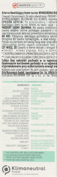 Tył opakowania kremu Alterra Nawilżający krem na noc Winogrona BIO z listą składników, certyfikatami i logo Klimaneutral.