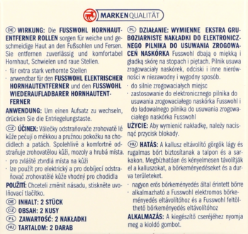Instrukcja wymiannych nakładek Fusswohl do pilnika na odciski, z tekstem w kilku językach na beżowej kartce.