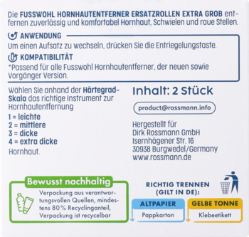 Tył opakowania Fusswohl, zapasowych nakładek Extra Grob do usuwania zrogowaceń, szczegóły o ekologii i utylizacji.