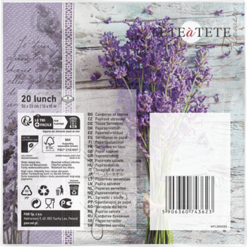 Tył opakowania serwetek papierowych TEA a TETE z motywem lawendy. Widoczne info o produkcie i barcode.