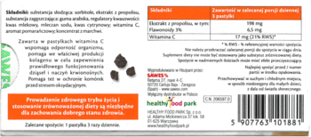 Tył opakowania pastylek z propolisem i witaminą C, białe z pomarańczowymi elementami, widoczny kod kreskowy.