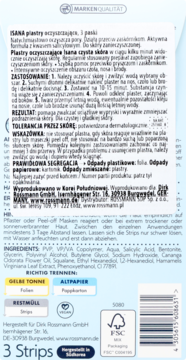 Tył opakowania Isana Plastry Oczyszczające 3 paski. Białe pudełko z niebieskimi akcentami, instrukcje, skład, logo FSC.