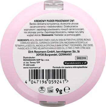 Tył różowego, okrągłego opakowania kremowego pudru prasowanego matującego, ze składem i kodem kreskowym.