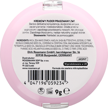 Tył różowego kremowego pudru prasowanego Rossmann, widoczny skład, kod kreskowy i waga 9g, odcień jasny.