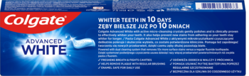 Tył opakowania pasty Colgate Advanced White, niebieskie tło, biały napis i hasło o bielszych zębach w 10 dni.