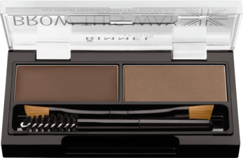 Otwarta paleta Rimmel Brow This Way Medium Brown do brwi, z woskiem, cieniem, pędzelkiem i spiralką.