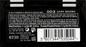 Tył palety Rimmel Brow This Way Dark Brown 003, z opisem wosku i pudru do brwi, oraz kodem kreskowym.
