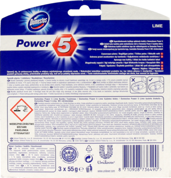 Tył niebieskiego opakowania kostek toaletowych Domestos Power 5 Lime, etykiety i składniki, 3x55g.