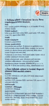 Tył opakowania karmy dla dorosłych kotów MARK, kiełbaski z kurczakiem i kaczką, widoczne dane składu.