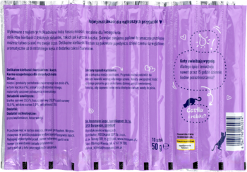 Tył fioletowego opakowania karmy uzupełniającej dla kotów z kurczakiem i kaczką, widoczny kod kreskowy.