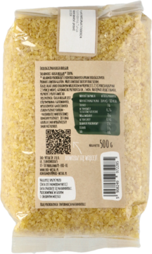 Tył przezroczystego opakowania Eureko! Ekologiczna kasza bulgur z etykietami, kodem QR i danymi odżywczymi.