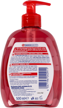 Tył przezroczystej butelki mydła Isana Hygiene Active, 500 ml, z czerwoną pompką, etykieta z opisem antybakteryjnym.