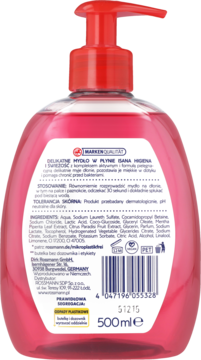 Tył butelki różowego mydła w płynie ISANA Hygiene Active z czerwoną pompką, widoczna etykieta ze składem.