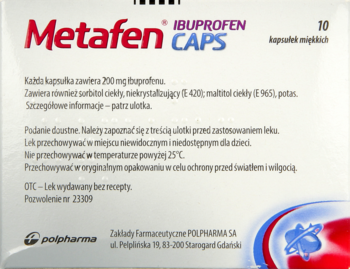 Białe opakowanie Metafen Ibuprofen Caps na bóle i gorączkę, z czerwono-niebieskim napisem, widok z przodu.