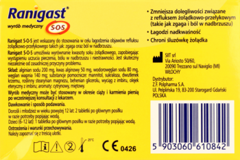 Żółte opakowanie Ranigast S-O-S, widok z tyłu, z informacjami o zastosowaniu na refluks i zgagę.