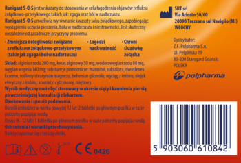 Tył pomarańczowego opakowania Ranigast S-O-S na refluks i zgagę, z instrukcjami, kodem kreskowym i symbolami.