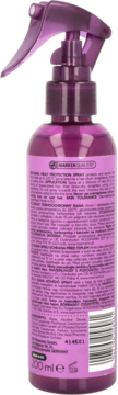 Fioletowy spray termoochronny ISANA, tylna strona butelki z etykietą i tekstem o pojemności 200 ml.