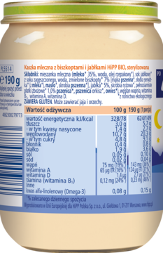 Tył słoika kaszki mlecznej HiPP BIO 190g, szczegółowa etykieta z tabelą wartości odżywczych i składnikami.