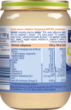 Tył szklanego słoiczka kaszki mannej HiPP BIO z mlekiem i bananami, z beżową etykietą i tabelą odżywczą. Bez dodatku cukru.