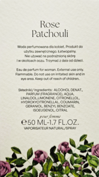Tył opakowania perfum Rose Patchouli 50ml, z widoczną listą składników oraz ostrzeżeniami w języku polskim.