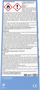 Tył opakowania automatycznego odświeżacza Glade 269 ml, z symbolami ostrzegawczymi, tekstem informacyjnym.