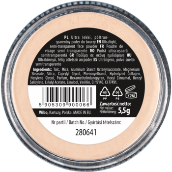 Tył okrągłego opakowania sypkiego pudru Banana loose powder, półtransparentny, z listą składników, 5,5g.