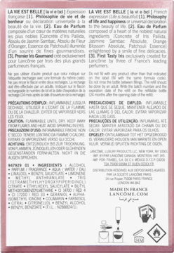 Tył opakowania Lancôme La Vie Est Belle Eau de Parfum, białe, z tekstem, składem INCI i ikonami.