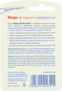 Tył opakowania balsamu Blistex Protect Plus z tekstem o ochronie i SPF 30, biało-niebieski, widoczny kod kreskowy.