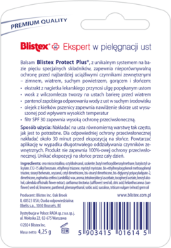 Tylna strona białego opakowania balsamu Blistex Protect Plus 4.25g z pełnym opisem i kodem kreskowym.