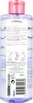 Tył 400ml butelki L'Oréal Micellar Water z różową nakrętką, widoczna biała etykieta z opisem i kodem kreskowym.