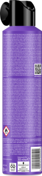 Tył fioletowego lakieru do włosów Got2b Volumania, z czarną pompką, widocznym kodem kreskowym, QR i tekstem informacyjnym.