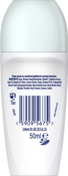Tył białej butelki Rexona Shower Fresh damski antyperspirant w kulce 50ml, widoczny skład i kod kreskowy.