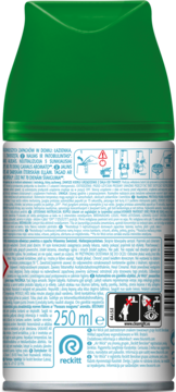 Tył zielono-białego wkładu Air Wick Freshmatic 250 ml z etykietą, widoczne ostrzeżenia i ikony bezpieczeństwa.