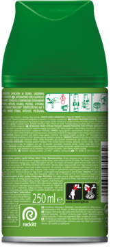 Tył zielonego zapasu Air Wick 250ml o zapachu jaśminu i frezji. Widoczne instrukcje i ostrzeżenia.