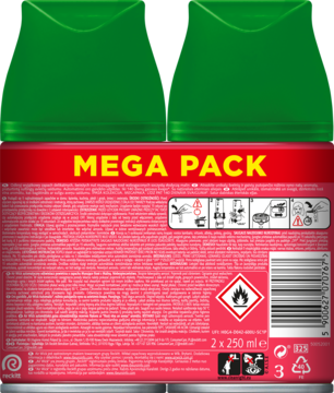 Tył Air Wick Freshmatic Mega Pack, zielono-czerwony, z opisem malin, róż, ostrzeżeniami i kodem kreskowym.