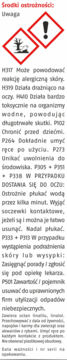 Biała etykieta ostrzegawcza zawieszki na mole odzieżowe, z piktogramami GHS: wykrzyknik i martwe drzewo z rybą.