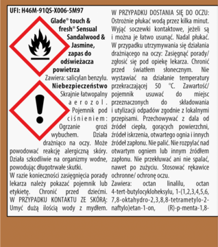 Biała etykieta Glade Sensual Sandalwood & Jasmine refill z czerwonymi piktogramami zagrożenia, widok z przodu.