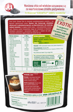 Tył opakowania nasion chia Zdrowe Pola Exotic. Ciemna torebka z białym panelem, tabelą wartości odżywczych i przepisem.