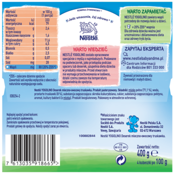 Tył niebieskiego opakowania Nestle Yogolino, deserek mleczno-owocowy truskawkowy 400g, z tabelą odżywczą i logo.