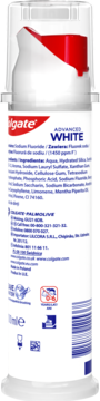 Tył opakowania pasty do zębów Colgate Advanced White, biała pompka z czerwoną nasadką, widoczne składniki i dane producenta.