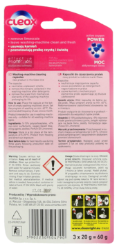 Tył różowego opakowania Cleox Kapsułek do czyszczenia pralek, z instrukcjami, ostrzeżeniami i kodem kreskowym.